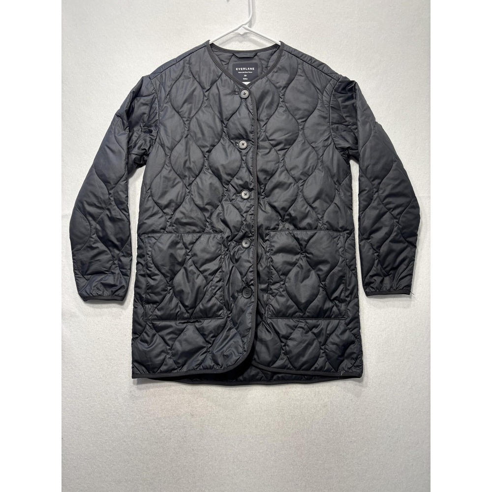 Everlane Jacket Womens XS Black Quilted Collarless Button Front ReNew Long